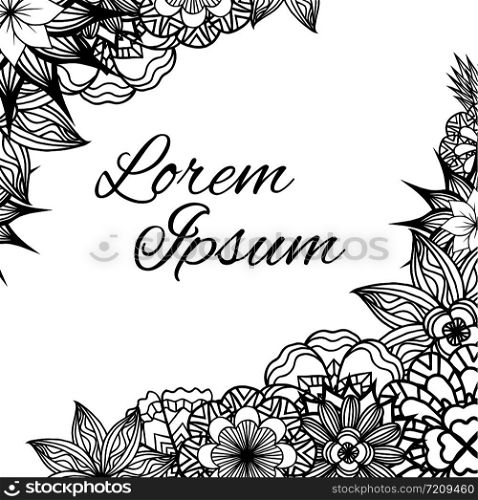 Square frame with black and white doodle flowers. Vector element for invitations, greeting cards, and your creativity. Square frame with black and white doodle flowers. Vector element