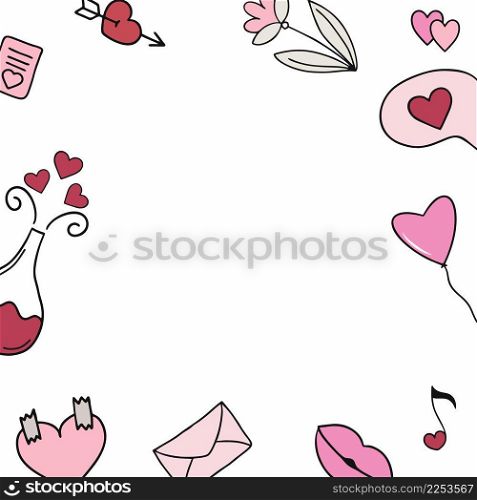 Square frame with doodle elements for the holiday of all lovers. Vector frame for Valentine’s Day.