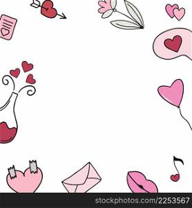 Square frame with doodle elements for the holiday of all lovers. Vector frame for Valentine’s Day.