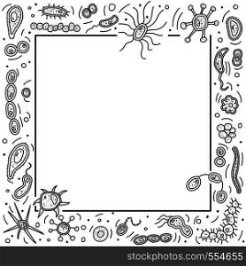 Square frame with microorganisms cells. Coloring page with bacterias shapes. Vector doodle style composition.