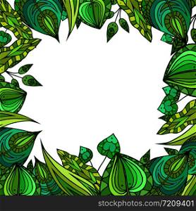 Square frame with patterned doodle green leaves with space for text. Vector element for invitations, brochures and your design. Square frame with patterned doodle green leaves with space for t