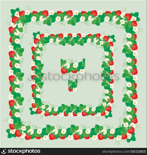 Square frames with Strawberries, flowers and leaves isolated on gray background. Repeated element for seamless ornament.