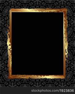Square gold antique frame on a black background with gray ornaments for decoration of congratulations or packaging. Abstract design in deco style from a gold frame on a black background.Black and gold. Square gold antique frame on a black background