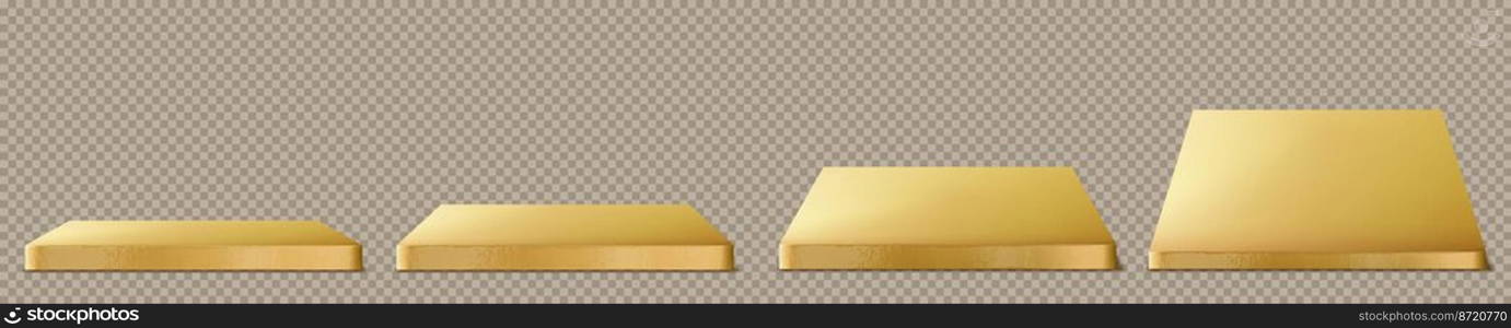 Square golden platform, empty podium for product presentation. Shiny metal gold colored stage, display, scene, stand to show cosmetic production, showcase side and top view Realistic 3d vector set. Square golden platform, podium for presentation.