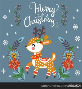 Square greeting card with cute animal deer and winter plants and flowers vector illustration on blue background. Merry Christmas lettering. For print, design, fabric, porcelain, bed linen and decor. Merry Christmas square card cute deer vector illustration