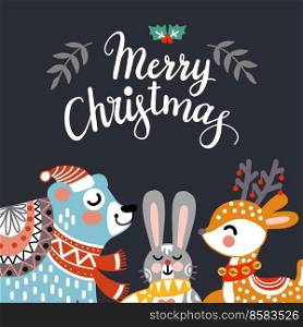 Square greeting card with cute animals deer, bear and rabbit vector illustration on dark blue background. Merry Christmas lettering. For print, design, fabric, porcelain, bed linen, decor and party. Merry Christmas square card cute animals vector illustration