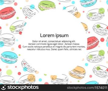 Square greeting card with delicate contour macaroons with multicolored dots and place for text. Vector template for banner, menu and your creativity. Square greeting card with delicate contour macaroons with multicolored dots and place for text. Vector template