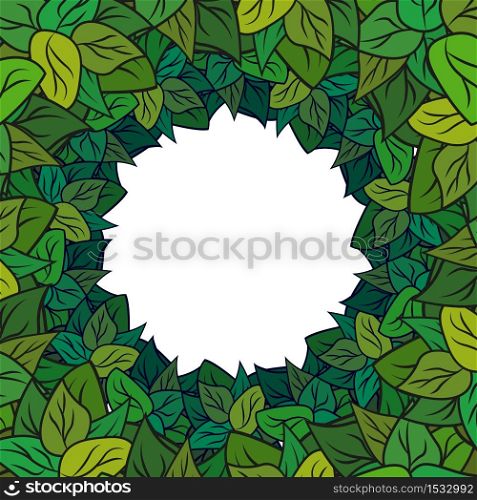 Square greeting card with wreath of green cartoon leaves. Vector frame for invitations, cards and your design.. Square greeting card with wreath of green cartoon leaves