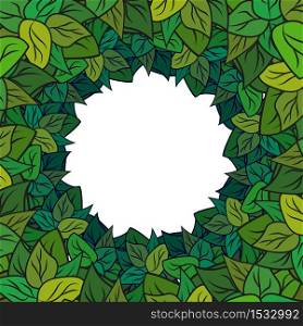 Square greeting card with wreath of green cartoon leaves. Vector frame for invitations, cards and your design.. Square greeting card with wreath of green cartoon leaves