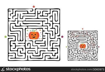 Square halloween maze labyrinth game for kids. Labyrinth logic conundrum. Three entrance and one right way to go. Vector flat illustration isolated on white background.. Square halloween maze labyrinth game for kids. Labyrinth logic conundrum. Three entrance and one right way to go. Vector flat illustration