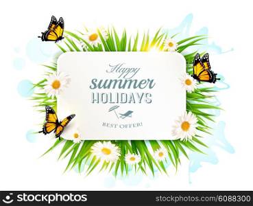 Square happy summer holidays banner with grass, butterflies and daisies. Vector.