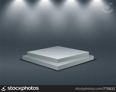 Square illuminated podium. Stage pedestals winner scene. Vector 3D two-stage platform with lighting on gray background. Square illuminated podium. Stage pedestals winner scene. 3D two-stage platform with lighting