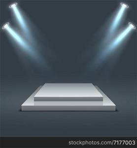 Square illuminated podium. Stage pedestals winner scene with lighting. 3D two-stage platform on gray background. Vector realistic light. Square illuminated podium. Stage pedestals winner scene with lighting. 3D two-stage platform on gray background. Realistic light