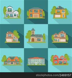 Square isolated buildings flat icons set on blue and light blue backgrounds with city buildings vector illustration. Buildings Flat Icon Set