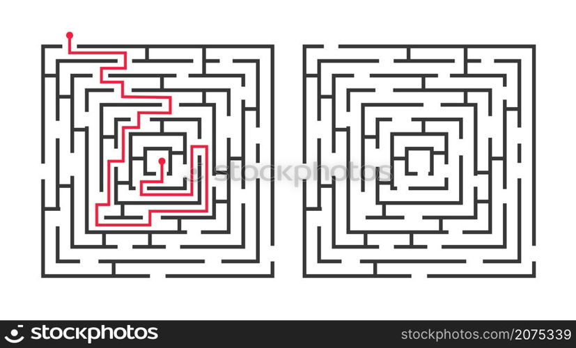 Square labyrinth game with solution, route finding puzzle. Simple logical maze for children, find path riddle with answer vector illustration. Rebus for kids concentration and exit search. Square labyrinth game with solution, route finding puzzle. Simple logical maze for children, find path riddle with answer vector illustration