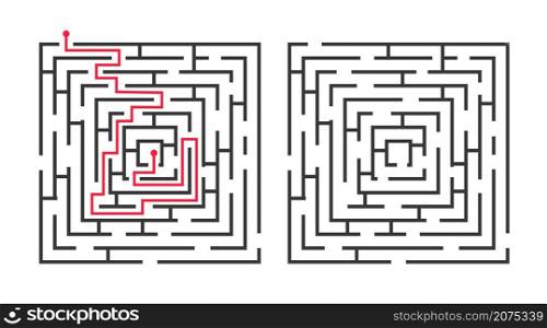 Square labyrinth game with solution, route finding puzzle. Simple logical maze for children, find path riddle with answer vector illustration. Rebus for kids concentration and exit search. Square labyrinth game with solution, route finding puzzle. Simple logical maze for children, find path riddle with answer vector illustration