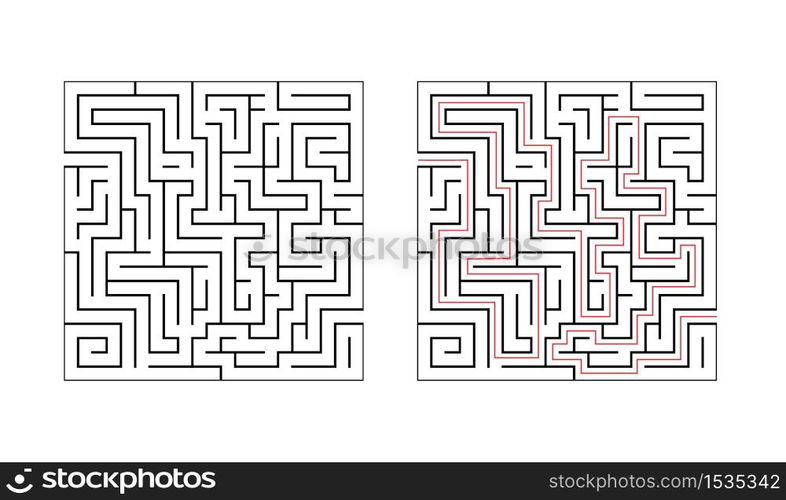 Square labyrinth maze game for children. Logic education with black outline game with answer. Find right way. Vector illustration Isolated on white background.. Square labyrinth maze game for children. Logic education with black outline game with answer. Find right way. Vector illustration.