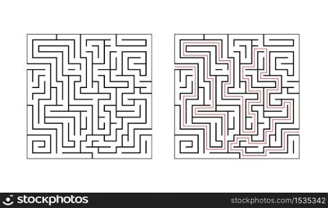 Square labyrinth maze game for children. Logic education with black outline game with answer. Find right way. Vector illustration Isolated on white background.. Square labyrinth maze game for children. Logic education with black outline game with answer. Find right way. Vector illustration.