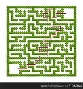 Square labyrinth of garden bushes. Game for kids. Puzzle for children. One entrance, one exit. Labyrinth conundrum. Flat vector illustration. With answer. With place for your image. Square labyrinth of garden bushes. Game for kids. Puzzle for children. One entrance, one exit. Labyrinth conundrum. Flat vector illustration. With answer. With place for your image.