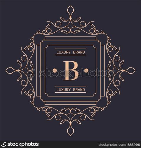 Square logotype of luxury brand, floral ornament decorative brochure or emblem. Isolated icon of label or logo for presentation of production, sticker for premium quality, vector in flat style. Luxury brand logotype with ornaments, square logo with lines