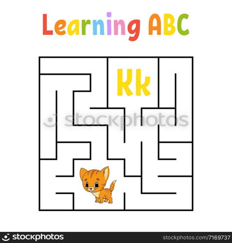 Square maze. Game for kids. Cat animal. Quadrate labyrinth. Education worksheet. Activity page. Learning English alphabet. Cartoon style. Find the right way. Color vector illustration.