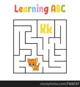 Square maze. Game for kids. Cat animal. Quadrate labyrinth. Education worksheet. Activity page. Learning English alphabet. Cartoon style. Find the right way. Color vector illustration.