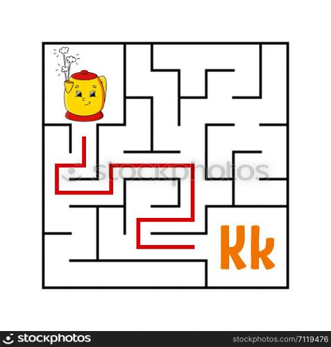 Square maze. Game for kids. Funny quadrate labyrinth. Education worksheet. Activity page. Puzzle for children. Cute cartoon style. Find the right way. Logical conundrum. Color vector illustration.
