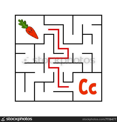 Square maze. Game for kids. Funny quadrate labyrinth. Education worksheet. Activity page. Puzzle for children. Cute cartoon style. Find the right way. Logical conundrum. Color vector illustration.