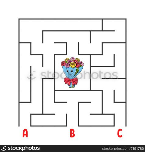 Square maze. Game for kids. Puzzle for children. Cartoon character bouquet. Labyrinth conundrum. Color vector illustration. Find the right path. The development of logical and spatial thinking.