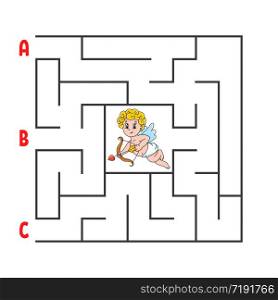 Square maze. Game for kids. Puzzle for children. Cartoon character cupid. Labyrinth conundrum. Color vector illustration. Find the right path. The development of logical and spatial thinking.