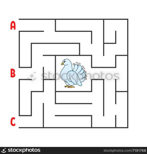 Square maze. Game for kids. Puzzle for children. Cartoon character dove. Labyrinth conundrum. Color vector illustration. Find the right path. The development of logical and spatial thinking.