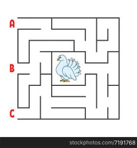 Square maze. Game for kids. Puzzle for children. Cartoon character dove. Labyrinth conundrum. Color vector illustration. Find the right path. The development of logical and spatial thinking.