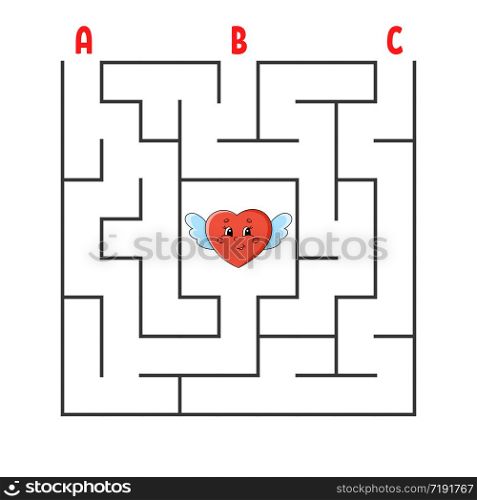 Square maze. Game for kids. Puzzle for children. Cartoon character heart. Labyrinth conundrum. Color vector illustration. Find the right path. The development of logical and spatial thinking.