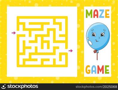 Square maze. Game for kids. Puzzle for children. Happy character. Labyrinth conundrum. Color vector illustration. Find the right path. Isolated vector illustration. Cartoon style.