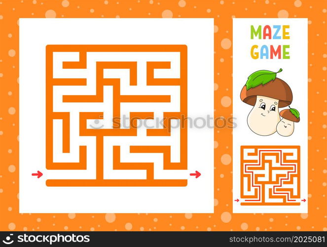 Square maze. Game for kids. Puzzle for children. Happy character. Labyrinth conundrum. Color vector illustration. Find the right path. With answer. Isolated vector illustration. Cartoon style.