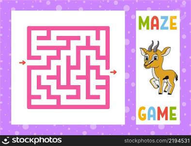 Square maze. Game for kids. Puzzle for children. Happy character. Labyrinth conundrum. Color vector illustration. Find the right path. Isolated vector illustration. cartoon style.