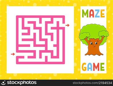 Square maze. Game for kids. Puzzle for children. Happy character. Labyrinth conundrum. Color vector illustration. Find the right path. Isolated vector illustration. cartoon style.