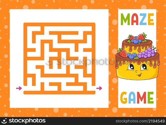 Square maze. Game for kids. Puzzle for children. Happy character. Labyrinth conundrum. Color vector illustration. Find the right path. Isolated vector illustration. Cartoon style.