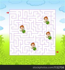 Square maze. Game for kids. Puzzle for children. Labyrinth conundrum. Color vector illustration. Find the right path. Isolated vector illustration. Cartoon character.