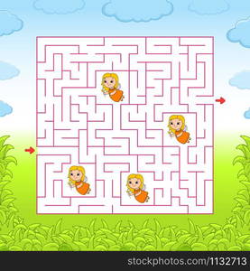 Square maze. Game for kids. Puzzle for children. Labyrinth conundrum. Color vector illustration. Find the right path. Isolated vector illustration. Cartoon character.