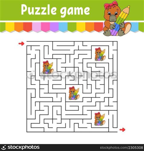 Square maze. Game for kids. Puzzle for children. Labyrinth conundrum. Color vector illustration. Find the right path. Isolated vector illustration. cartoon character.