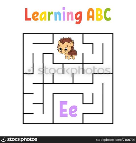 Square maze. Game for kids. Quadrate labyrinth. Education worksheet. Hedgehog animal. Activity page. Learning English alphabet. Cartoon style. Find the right way. Color vector illustration.