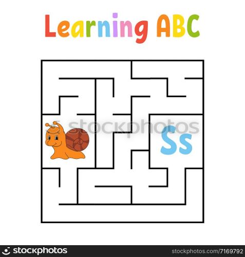 Square maze. Game for kids. Quadrate labyrinth. Education worksheet. Snail mollusk. Activity page. Learning English alphabet. Cartoon style. Find the right way. Color vector illustration.