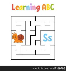 Square maze. Game for kids. Quadrate labyrinth. Education worksheet. Snail mollusk. Activity page. Learning English alphabet. Cartoon style. Find the right way. Color vector illustration.