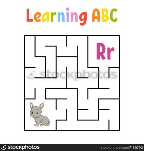 Square maze. Game for kids. Rabbit bunny animal. Quadrate labyrinth. Education worksheet. Activity page. Learning English alphabet. Cartoon style. Find the right way. Color vector illustration.