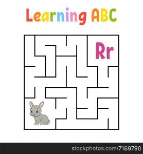 Square maze. Game for kids. Rabbit bunny animal. Quadrate labyrinth. Education worksheet. Activity page. Learning English alphabet. Cartoon style. Find the right way. Color vector illustration.