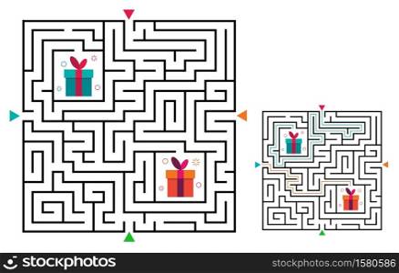 Square maze labyrinth game for kids. Labyrinth logic conundrum. Four entrance and two right way to go. Vector flat illustration isolated on white background.. Square maze labyrinth game for kids. Labyrinth logic conundrum. Four entrance and two right way to go. Vector flat illustration