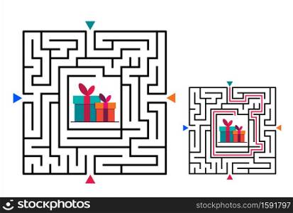 Square maze labyrinth game for kids. Labyrinth logic conundrum. Four entrance and one right way to go. Vector flat illustration isolated on white background.. Square maze labyrinth game for kids. Labyrinth logic conundrum. Four entrance and one right way to go. Vector flat illustration