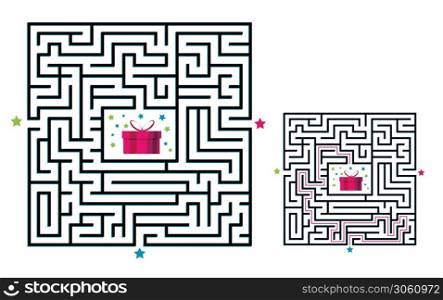 Square maze labyrinth game for kids. Labyrinth logic conundrum. Three entrance and one right way to go. Vector flat illustration isolated on white background.. Square maze labyrinth game for kids. Labyrinth logic conundrum. Three entrance and one right way to go. Vector flat illustration