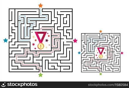 Square maze labyrinth game for kids. Labyrinth logic conundrum with medal. Four entrance and two right ways to go. Vector flat illustration isolated on white background.. Square maze labyrinth game for kids. Labyrinth logic conundrum with medal. Four entrance and two right ways to go. Vector flat illustration